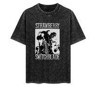 ISPIRIT Retro Washed Shirt Men's Unisex Strawberry Switchblade Round Neck Antique Wash T-Shirt Short Sleeve Black XL