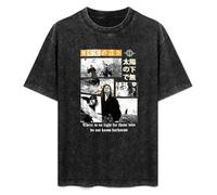 ISPIRIT Retro Washed Shirt Men's Unisex Vagabond Miyamoto Musashi Sasaki Kojiro Manga Round Neck Antique Wash T-Shirt Short Sleeve Black XXL