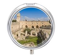 Israel at The Tower of David 3 Compartment Pill Box, Portable Round Pill Box, Vitamin Holder and Decorative Metal Medicine Organizer