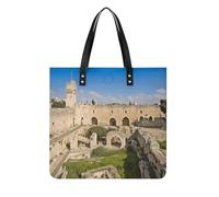 Israel at The Tower of David Square PU Leather Tote Bag | Sturdy Faux Leather Top Handle Carryall, Multi-Purpose Reusable Shoulder Purse for Daily Errands Casual Outdoor Activities