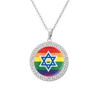 Israel LGBTQ Rainbow Flag Gay Pendant Necklace Round Diamond Necklace Silver-Color Jewelry Charms for Women