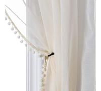 ISS SELECTEX Linen Look Pom Pom Tasseled Sheer Curtains - Rod Pocket Voile Semi-Sheer Curtains for Living and Bedroom, Set of 2 Curtain Panels (52 x 72 inch, Ivory)