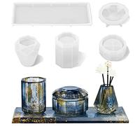 ISSEVE 4Pcs Resin Molds for Bathroom Accessories Set, Silicone Molds for Resin Casting - Toothbrush Holder Cup & Diffuser Bottle Mold, Tray & Jar Mold with Lid Kit for Countertop Vanity Organizer