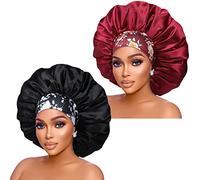 Isshin Beauty Women's Oversized Silk Satin Bonnets: 2pcs Extra Large Jumbo Sleeping Caps with Comfortable Flower Band - Black & Red