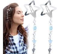 Isslly 2 Pcs Star Snap Hair Clips, Star Moon Beaded Pendant Hair Barrettes for Women, Girls, Metal Star Hair Styling Accessories for Parties, Daily Use