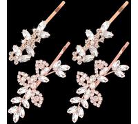 Isslly 4PCS Rhinestones Hair Clips, Bridal Crystal Hair Pins, 2 Styles French Hairpins Alloy Leaf Shape Barrettes for Women, Girls for Wedding, Parties (Rose Gold, 2 Pairs)