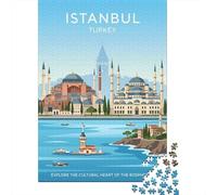 Istanbul Cityscape with Landmarks Jigsaw Puzzle 1000 Pieces, Retro Travel Poster Artwork, Interlocking Paper Pieces, Screen-Free Fun for Adults, 52x38cm/1000pcs