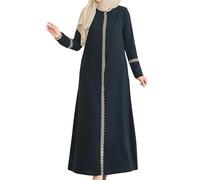 istanbul styles Embroidered Sleeves Abaya with Side Zipper Embroidery Long Sleeve Floor Length Turkish Abaya for Women, Navy Blue, L
