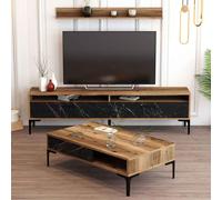 istanbul wooden entertainment unit and coffee table set in walnut and black marble effect
