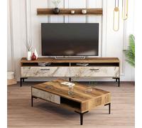 istanbul wooden entertainment unit and coffee table set in walnut and white marble effect