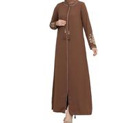 istanbulstyles Women's Embroidered Sleeves Abaya and Embroidered On The Side of The Zipper Long Sleeve Floor Length Turkish Fashion, Brown, L