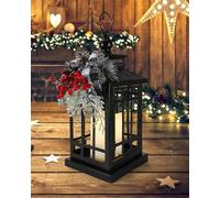 iStatue Metal Black Christmas Lantern with Flameless Candle, 14 Inch, Battery Operated with Timer Function, Festive Holiday Decor Gifts for Indoor / Outdoor (Xmas)