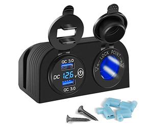 ISTOVO Tent Type Panel Two Hole, Quick Charge 3.0 Dual USB Car Charger+12V/24V Socket for Car Motorcycle Boat Marine ATV RV