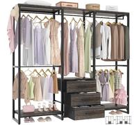 iSunirm Heavy-Duty Clothes Rails, Clothes Rack, Open Wardrobe,75 Inch Large Capacity Closet with Drawers and 5 Hanging Rods,Adjustable Closet Racks,Max Load 800LBS, Gray Oak