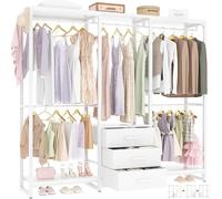 iSunirm Heavy-Duty Clothes Rails, Clothes Rack, Open Wardrobe,75 Inch Large Capacity Closet with Drawers and 5 Hanging Rods,Adjustable Closet Racks,Max Load 800LBS,White