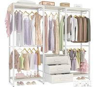iSunirm Heavy-Duty Clothes Rails, Clothes Rack, Open Wardrobe,75 Inch Large Capacity Closet with Drawers and 5 Hanging Rods,Adjustable Closet Racks,Max Load 800LBS, White Oak