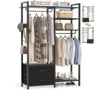 iSunirm Open Wardrobe with Drawers - Clothes Rail Freestanding with 2 Drawers, Heavy Duty Garment Rack Wardrobe System with Hanging Rail & Hooks, 115cm Reversible Closet Storage Organiser, Black