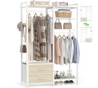 iSunirm Open Wardrobe with Drawers & Double Hanging Rails - 115cm Wide Industrial Clothes Rack with 2 Fabric Bins, Shoe Storage & Reversible Shelves - Heavy Duty Garment Rack for Bedroom or Hallway