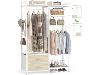 iSunirm Open Wardrobe with Drawers & Double Hanging Rails - 115cm Wide Industrial Clothes Rack with 2 Fabric Bins, Shoe Storage & Reversible Shelves - Heavy Duty Garment Rack for Bedroom or Hallway