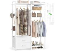 iSunirm White Open Wardrobe with Drawers & 2 Hanging Rails - 115cm Modern Clothes Rack with 2 Fabric Storage Bins, Shoe Shelf & Reversible Shelves - Heavy Duty Garment Rack for Bedroom, Hallway