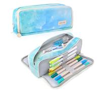 iSuperb Large Pencil Case 3 Compartments Pencil Pouch Big Capacity Pencil Bag Oxford Stationery Storage Pen Bag Cosmetic Makeup Pouch for Women (Dearm Blue)