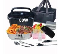 ISY-SHOP Heated Bowl, Electric Heated Lunch Box 12 V24 V220 V, 80 W, Heating Box for Construction Site in Cigarette Lighter, 1.5 L Meal Heating Box, Flat Heater for Car Trucks, Black Colour