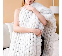 ISZI Chunky Knit Blanket Throw Soft Chunky Wool Yarn Big Knitted Throw Blanket 100% Hand Knit Warm & Cozy Blanket Couch Bed Home Decor Soft Breathable Fleece Throw,White,120x150cm(47x60inch)