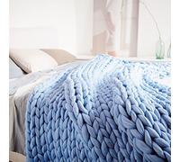ISZI Chunky Knit Blanket Throw Soft Chunky Wool Yarn Big Knitted Throw Blanket 100% Hand Knit Warm & Cozy Blanket Couch Bed Home Decor Soft Breathable Fleece Throw,Blue,100x150cm(40x60inch)