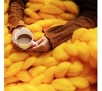ISZI Chunky Knit Blanket Throw Soft Chunky Wool Yarn Big Knitted Throw Blanket 100% Hand Knit Warm & Cozy Blanket Couch Bed Home Decor Soft Breathable Fleece Throw,Yellow,120x150cm(47x60inch)