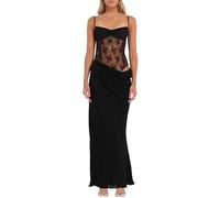 ISZPLUSH Women’s Maxi Dress Patchwork Jacquard Mesh Irregular Y2K Chic Vacation Midnight Party Clubwear Bodycon Dress, Black, XS