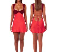 ISZPLUSH Women’s Mini Dress Patchwork Sleeveless Strapless Lace Up High Waist A-line Elegant Party Clubwear Short Dress, Red, XS