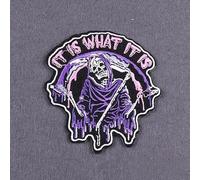 It is What It is Grim Reaper Drip Embroidered Patch, Gothic Punk Dark Aesthetic Iron On/Sew On Applique, Spooky Skull Badge for Jackets, Backpacks, Hats, DIY Clothing Decor