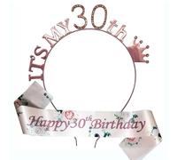 It’s My 30th Birthday Tiara and Sash Set - Rose Gold Diamante Crown with Happy 30th Satin Sash - 30th Birthday Princess Queen Party Accessories Gift for Women