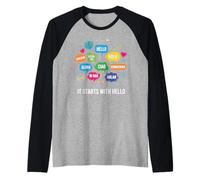 It Starts with Hello Friendship Inclusion Language Teacher Raglan Baseball Tee