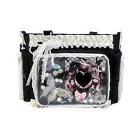 Ita Crossbody Bag with Clear Display Window - Kawaii Japanese Anime Style Tote Bag, Cute Sweet Lace Ruffle Trim Transparent Pin Display Handbag for Daily School Cosplay (Black)