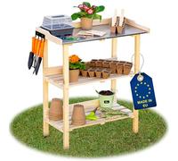 ITA Wooden Plant Table 76 x 38 x 89 cm - With Galvanised Worktop and Shelf - Gardening Table - Quality Directly from Manufacturer - Outdoor and Indoor, Colour: Natural