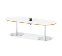 Italia Volta 2400mm Poseur Boardroom Table With Pop-up Power Module White Top Natural Wood Edge 720mm High Silver Leg