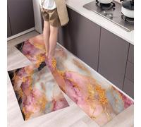 Italian Affordable Luxury Kitchen Rug Sets 2 Pieces Washable Kitchen Mats for Floor Non Slip Gilded Marble Kitchen Area Rug Floor Mat for Laundry Room and Hallway (Red Bean Paste, 43x75cm+43x150cm )