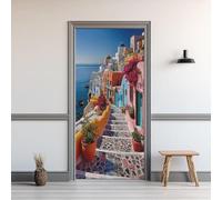 Italian Architecture Door Stickers for Interior Doors Seaside Town 3D Door Sticker Murals Decals Wallpaper Self Adhesive Waterproof Poster for Bedroom Living Bathroom 100x200 cm e-324
