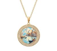 Italian Architecture Venice Novelty Necklace Round Pendant Diamond Jewelry Gifts For Men Women Golden-style-25