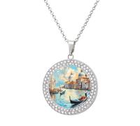 Italian Architecture Venice Novelty Necklace Round Pendant Diamond Jewelry Gifts For Men Women Silver-style-25