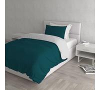 Italian Bed Linen Natural Color Duvet Cover Set with Doubleface Solid Colour Bag Sheet and Pillowcase, 100% Cotton, Petrol Green/Light Gray, single