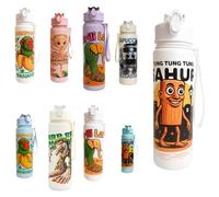 Italian Brainrot Water Bottle 700ml with carry strap and secure flip lock lid for Kids & Adults, Tralalero Tralala- Inspired, Bottles, Gifts for Fans (Tung Tung Sahur Cream/White)