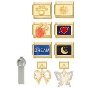 Italian Charms Bracelet Accessories 8Pcs Gold Charms Pack Links Bulk and Opening Tools Butterfly Pedent Heart Star Links Handmade DIY Jewelry