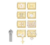 Italian Charms Bracelet Accessories 8Pcs Gold Charms Pack Links Bulk and Opening Tools Flower Heart Pedent Heart Star Links Handmade DIY Jewelry