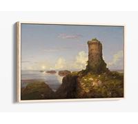 Italian Coast Scene with Ruined Tower- 1838 Thomas Cole Canvas Floater Frame Print Picture Art - Light Oak Frame 36 inch wide x 24 inch high
