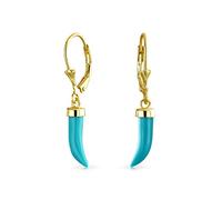 Italian Cornicello Chili Pepper Horn Lucky Tooth Amulet Blue Turquoise Lever Back Dangle Earrings Western jewelry For Women Gold Plated .925 Sterling Silver