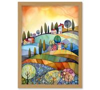 Italian Countryside Midsummer Landscape Folk Art Artwork Framed Wall Art Print A4 Artery8 Light Oak One Size