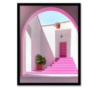 Italian Courtyard Plants Pink Steps Minimalist Framed Art Print Artery8 Pink W12 inch x H16 inch