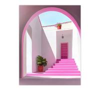 Italian Courtyard Plants Pink Steps Minimalist Wall Art Print Artery8 Pink W24 inch x H32 inch